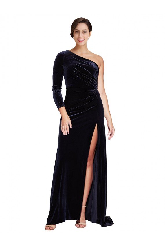 Sydney One Sleeve Long Formal Velvet Bridesmaid Dress / Prom Dress with Thigh High Split