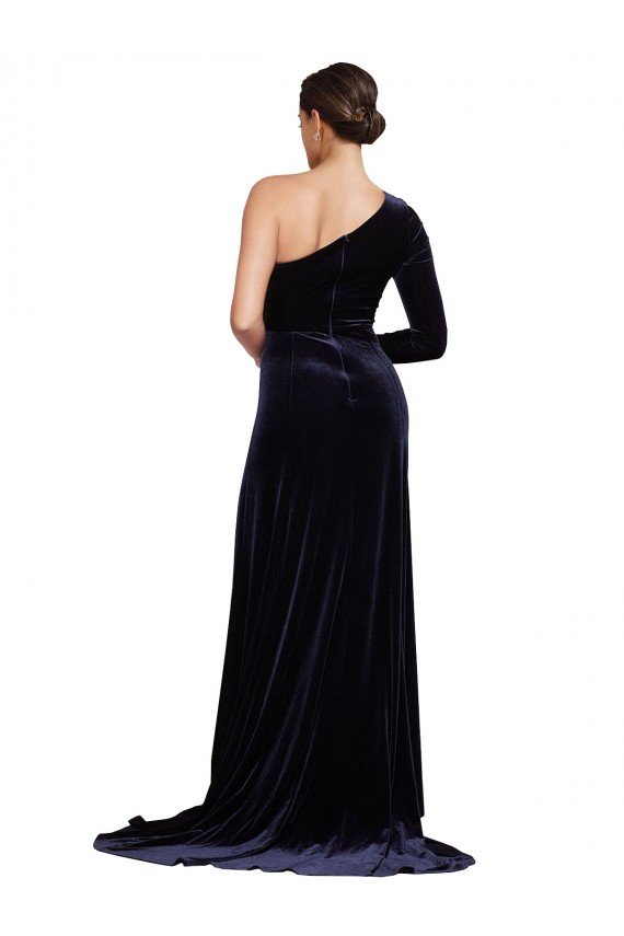 Sydney One Sleeve Long Formal Velvet Bridesmaid Dress / Prom Dress with Thigh High Split
