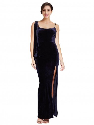 Sydney Long Formal Velvet Bridesmaid Dress / Prom Dress with Side Thigh Split and Shoulder Tie