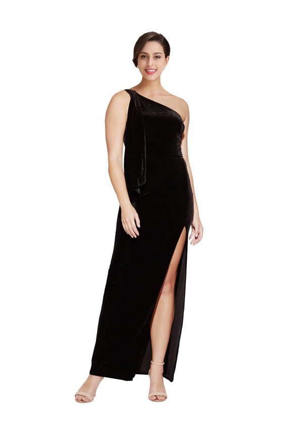 Sydney One Shoulder Long Formal Velvet Bridesmaid Dress / Prom Dress with Side Split and Shoulder Tie