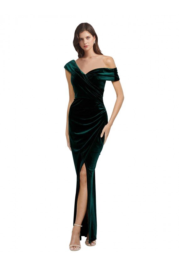 Sydney Long Asymmetric Neckline Ruched Formal Velvet Bridesmaid Dress / Prom Dress
